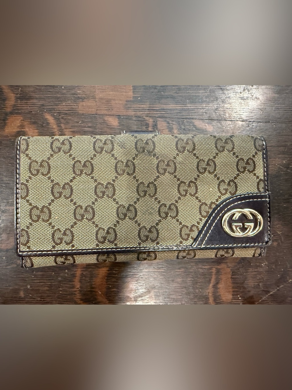 Gucci Brown Leather and Beige Monogram Continental Wallet